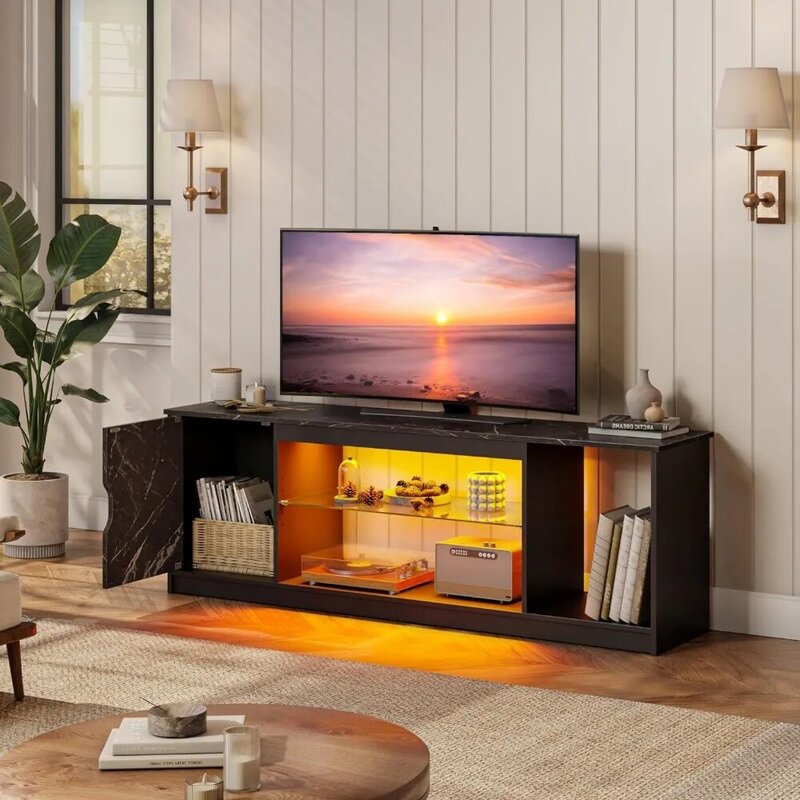 Подставка для телевизора, современный игровой развлекательный центр с шкафом для телевизора 60/65 дюйма, ТВ-приставка с регулируемой стеклянной полкой, черный мрамор