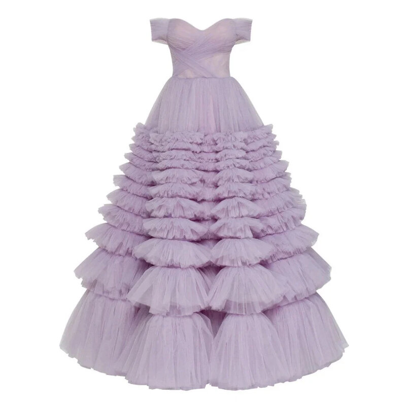 Sansa Lavender muslimatexlimb Off the Shoulder Tulle Vestidos De Noche eleganti abiti da ballo multistrato a-line senza maniche 2024