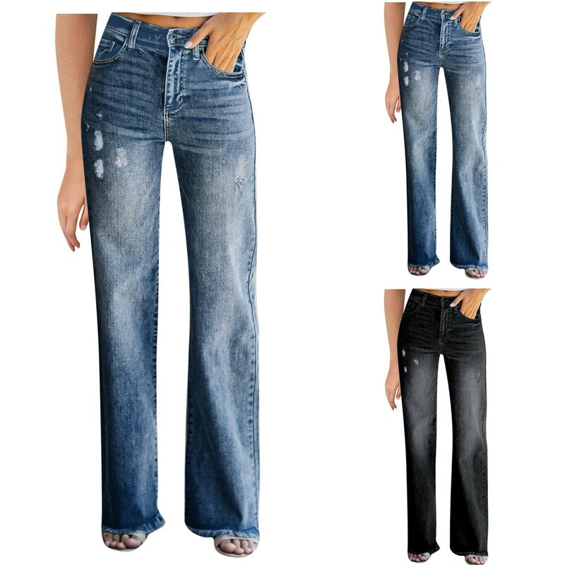 Calças jeans de cintura alta com bolsos femininos, jeans longo casual, calças de perna reta soltas, botão elástico, cor monocromática