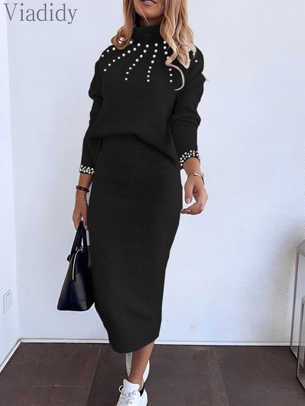 Women Casual Solid Color Long Sleeve Beaded Sweatshirt and High Waist Knitted Skirt 2pcs Set