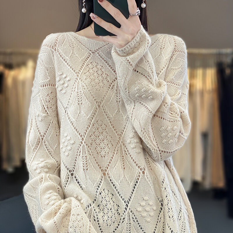 Suéter de caxemira 100% lã pura feminino, pulôver com o pescoço, tricotado luxo oco, moda coreana