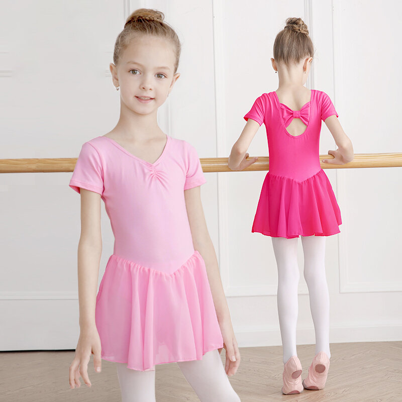 Балетное платье с длинным/коротким рукавом, балетное трико для девочек, детская хлопковая одежда для танцев, тренировочное платье, шифоновое трико с юбкой, праздничные костюмы