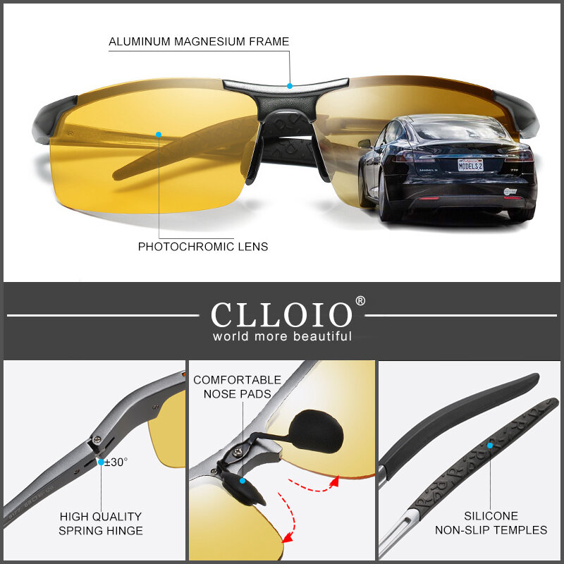 CLLOIO-탑 눈부심 방지 주간 야간 투시경 안경, 남성 운전 편광 선글라스, 알루미늄 무테 광변색 라이딩 고글, UV