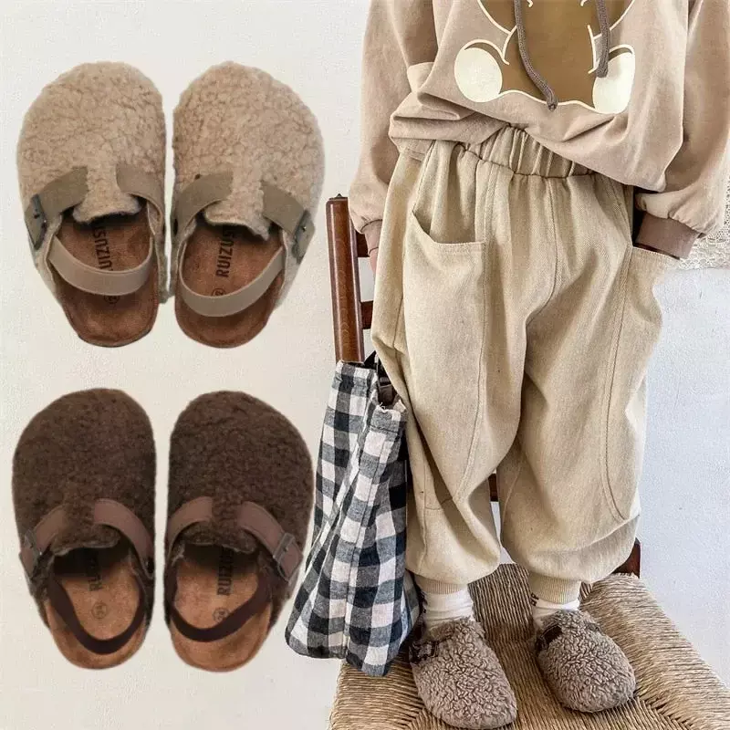 Sandal bulu elastis anak-anak, Kasut sol lembut hangat musim dingin untuk bayi laki-laki dan perempuan