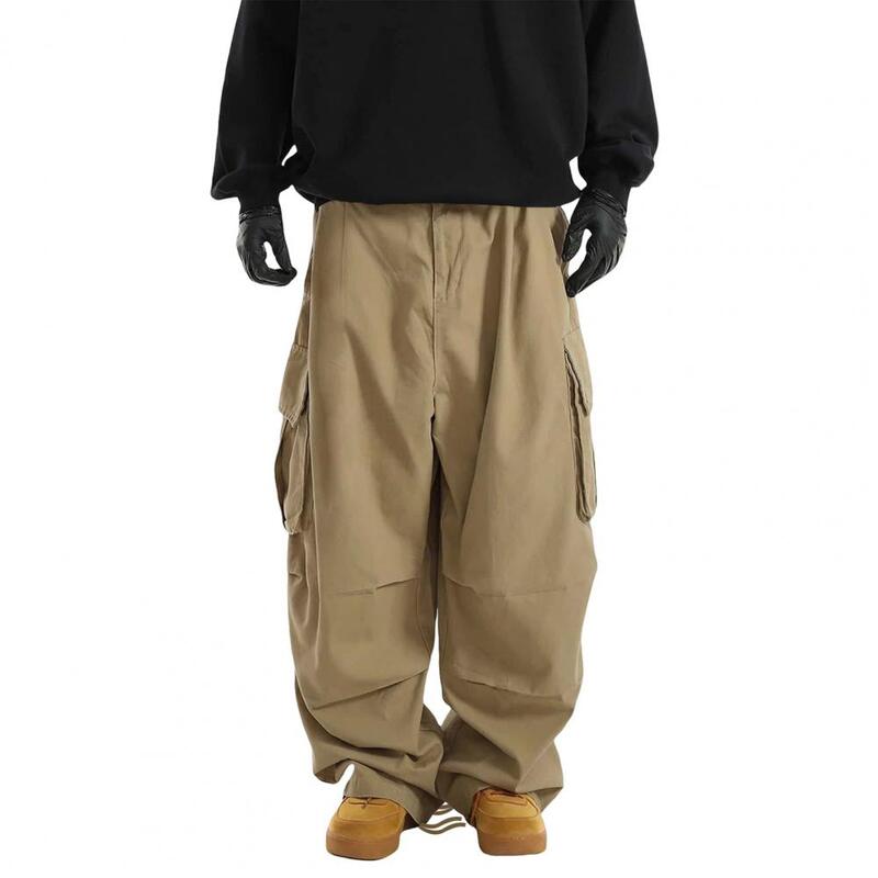 Calças vintage largas para homens, multi bolsos, cordão, elástico na cintura, estilo streetwear hip-hop, ao ar livre