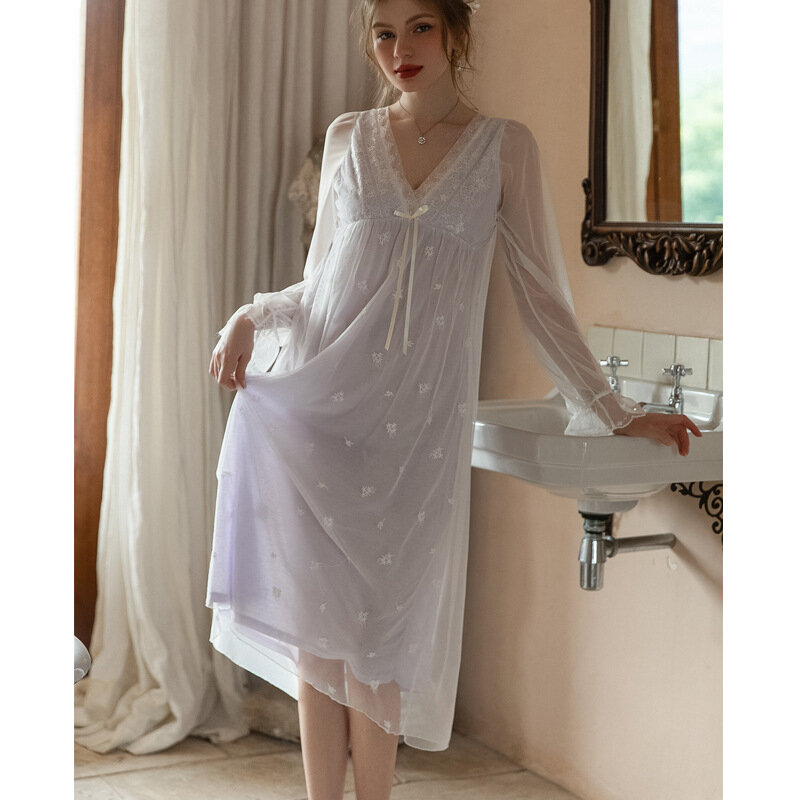 Женская длинная ночная рубашка, летняя новая сказочная сетчатая одежда для сна, сексуальный кружевной халат с V-образным вырезом, ночная рубашка, домашнее платье принцессы в дворцовом стиле