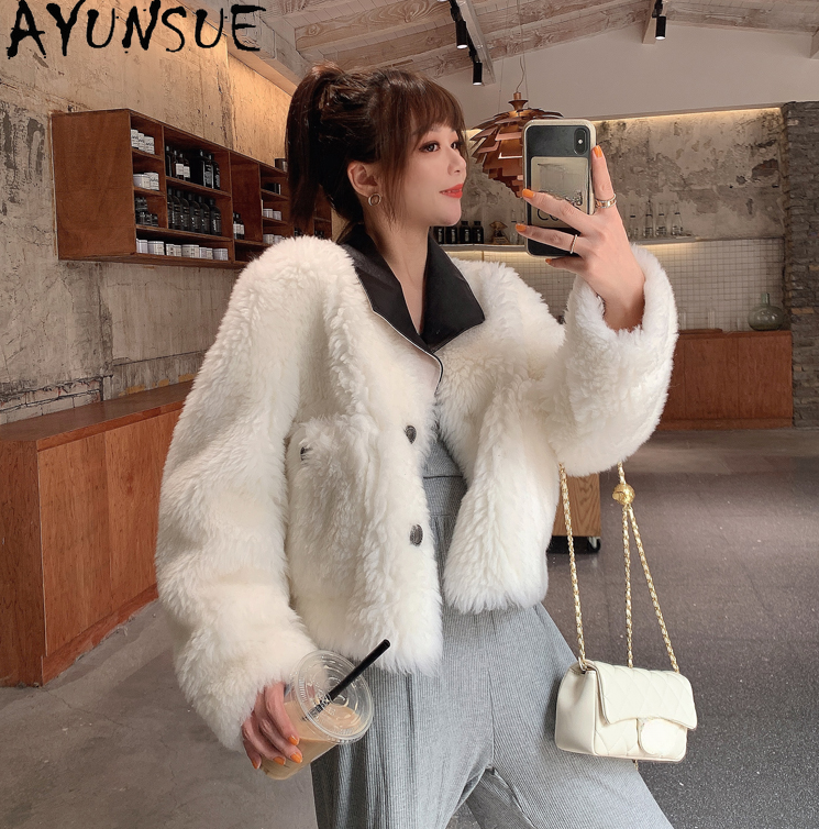 Ayunsue-女性のためのウールのジャケット100%,韓国のファッションの毛皮のコート,短いウールのコートとジャケット,革の襟2023