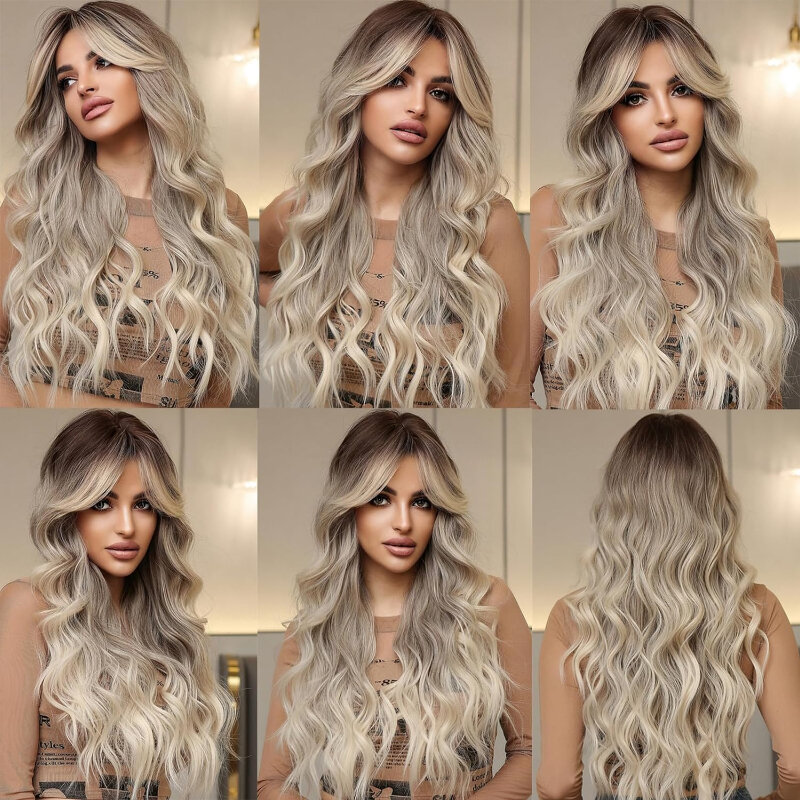 Długie gradientowe brązowe blond peruka z falowanymi włosami damskie naturalne syntetyczne peruki z kręconymi włosami włókno termoodporne włosy odpowiednie do codziennego cosplayu
