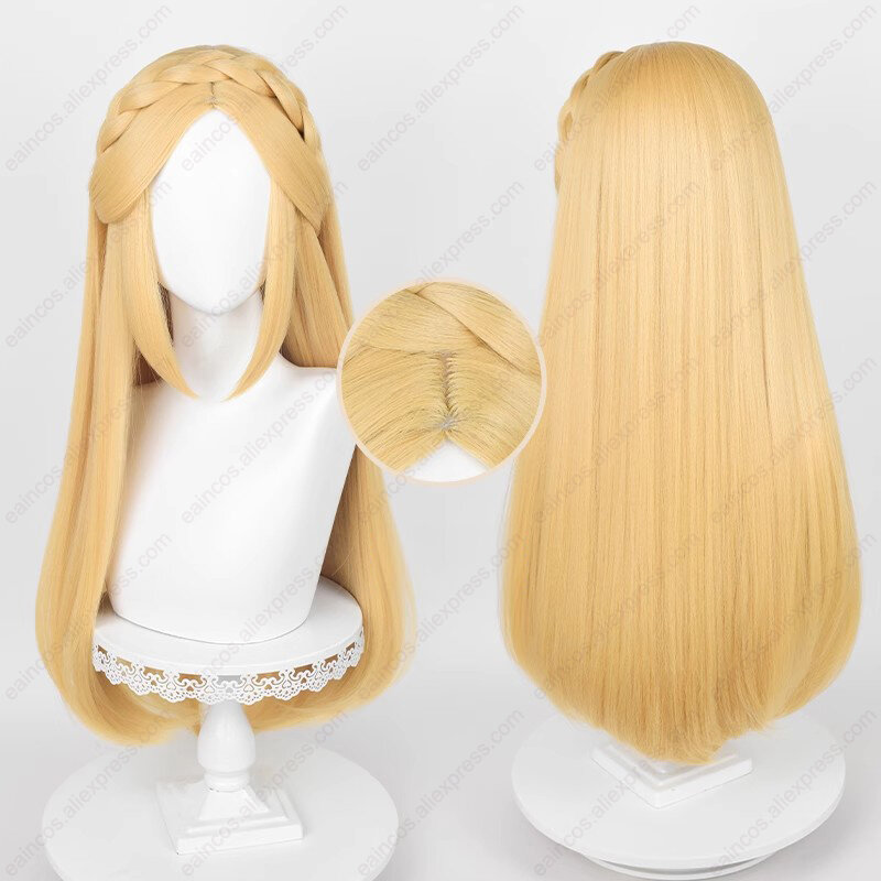 Wig Cosplay Putri Zelda, rambut palsu kepang kuning emas 35cm/72cm tahan panas sintetik pesta Halloween