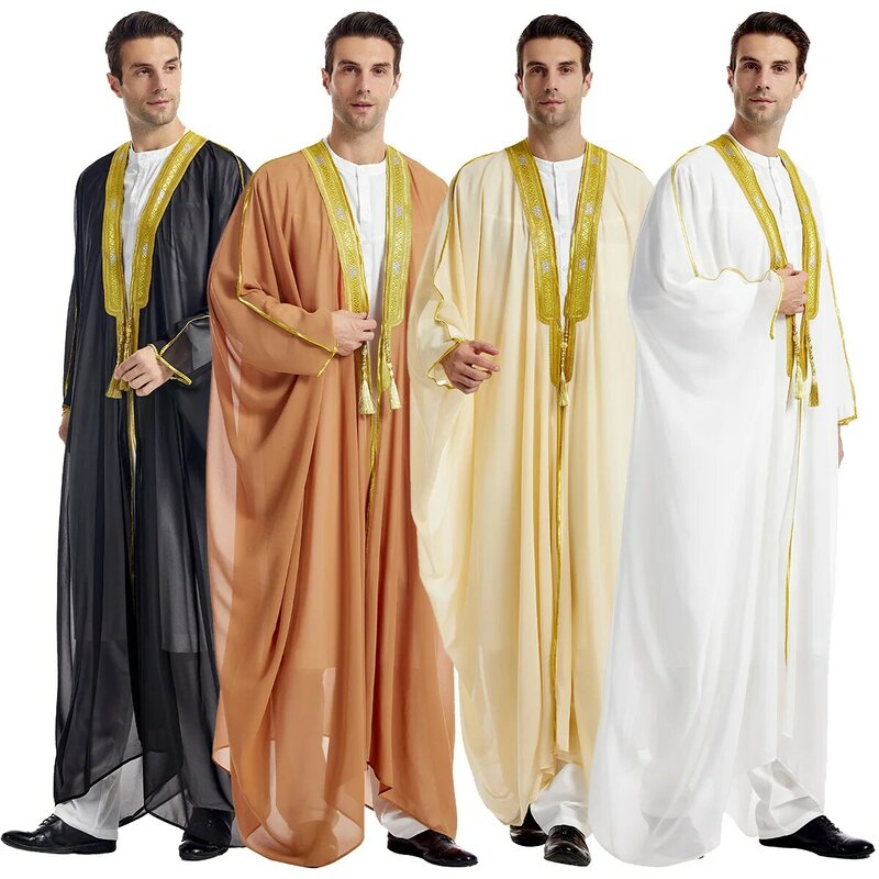 Nahost islamische muslimische Dubai Herren Robe saudi arabische Männer bestickte lang ärmel ige hängende Perle Gold Perle Chiffon Outwear