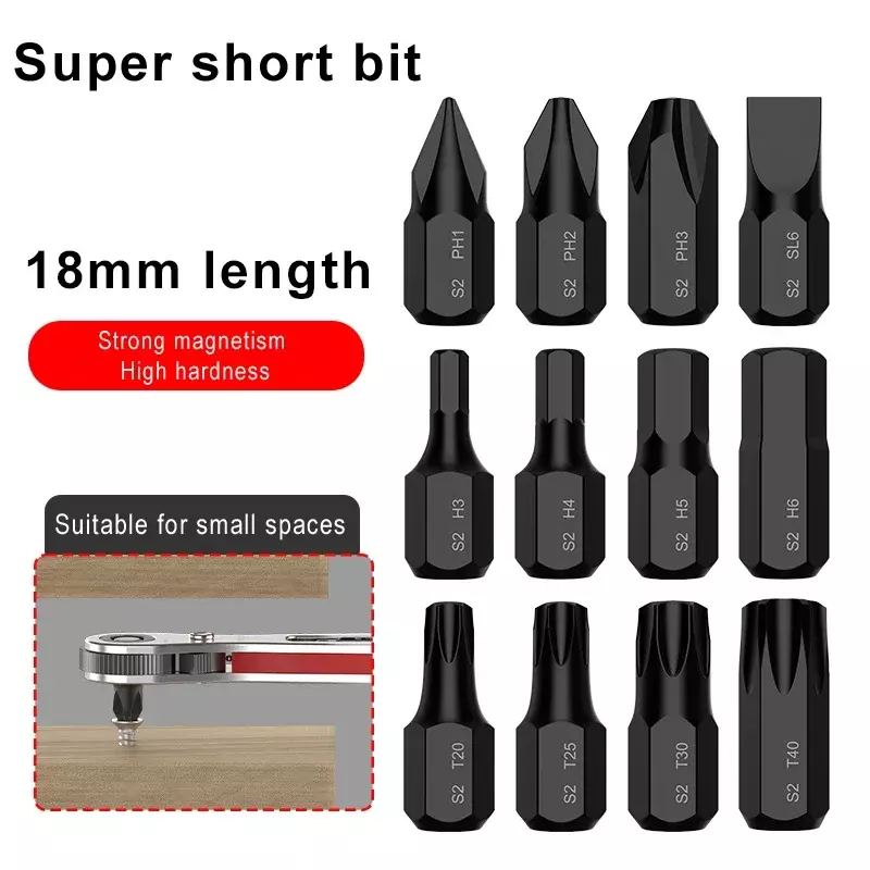 24pcs/lot 18mm Long Super Short Bit 1/4 Hex Shank Phillips Slotted Torx Hex Screwdriver Bits Electric Screw Driver with Magnetic