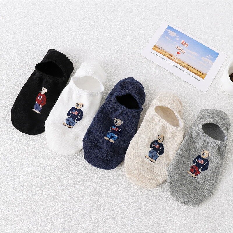 5pairs/lot Fashion Men's Boat Socks Non-slip Invisible Silicone Cotton Ankle Slippers Cartoon Bear Summer Autumn Socks