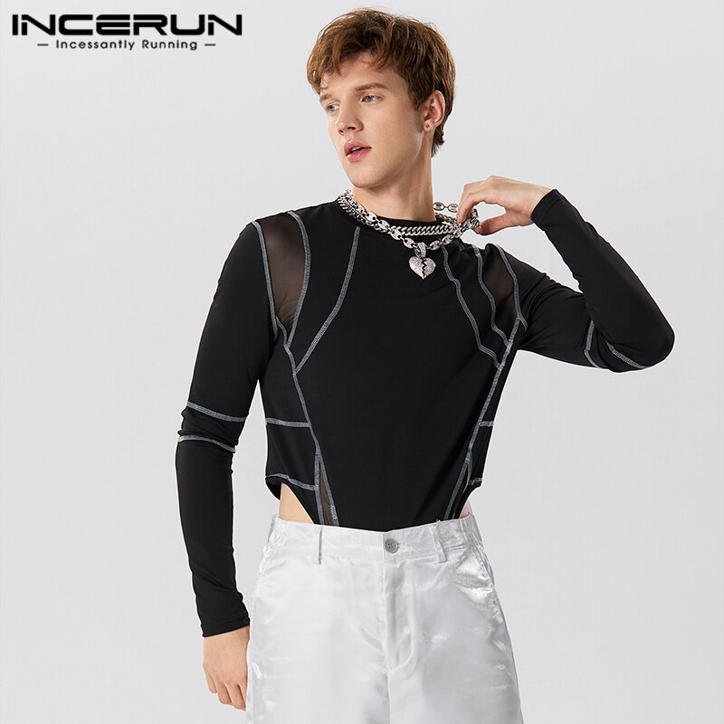 INCERUN 2023 Sexy New Mens Jumpsuits Stylish Line Splicing Design Rompers Leisure Comfortable O-Neck Long Sleeve Bodysuits S-5XL