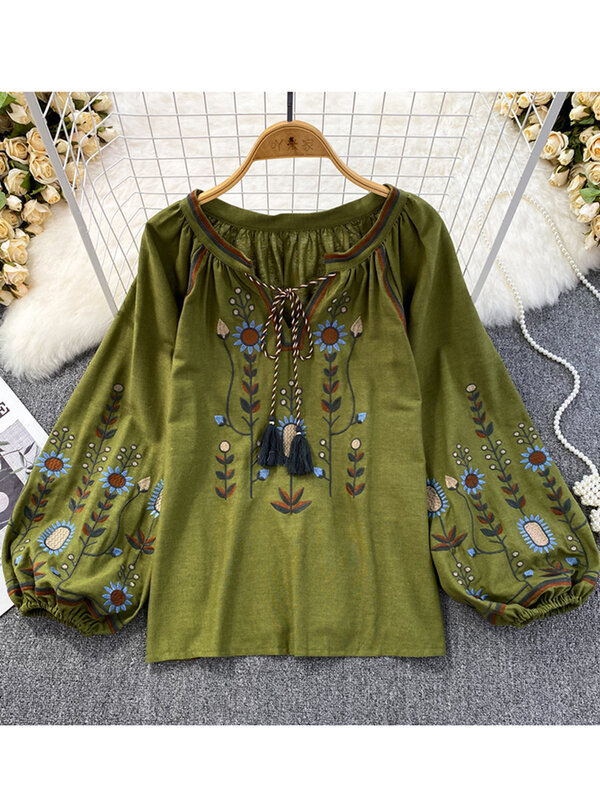 Damska wiosenna bluzka etniczna literatura Retro luźna haftowana bawełna lniana koszula pulower z okrągłym dekoltem Top na co dzień D3549