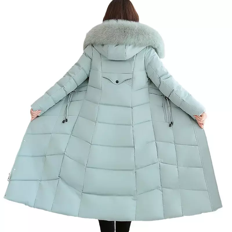 Jaket panjang katun wanita, tudung dipertebal dilengkapi dengan sustan, desain tali serut, jaket katun hangat kerah wol besar