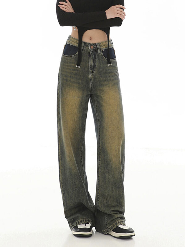 Y2k blau Vintage Baggy Damen Jeans Streetwear Damen ästhetische Mode Jeans hose hohe Taille weit geschnittene boden lange Hose