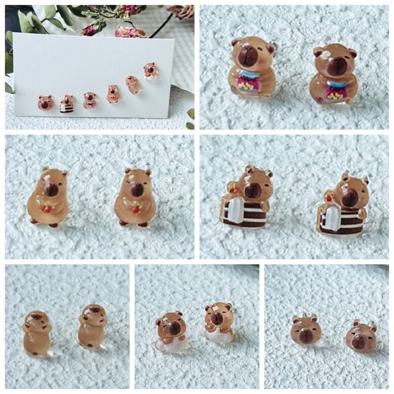 Boucles d'oreilles Capybara transparentes faites à la main, style coréen rétro, mini clous d'oreille, accessoires de bijoux, décoration de dessin animé
