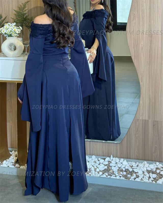 Vestido de noche de satén con hombros descubiertos para mujer, traje Formal de satén con encaje sin tirantes de talla grande, color azul marino, estilo árabe saudita, 2024