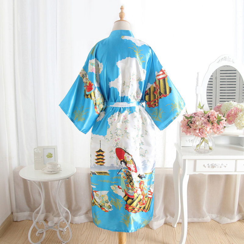 Długi satynowy szlafrok damski ślubny panna młoda suknia Kimono druhny moda kwiat nadruk letni jedwabny szlafrok SatinSexy