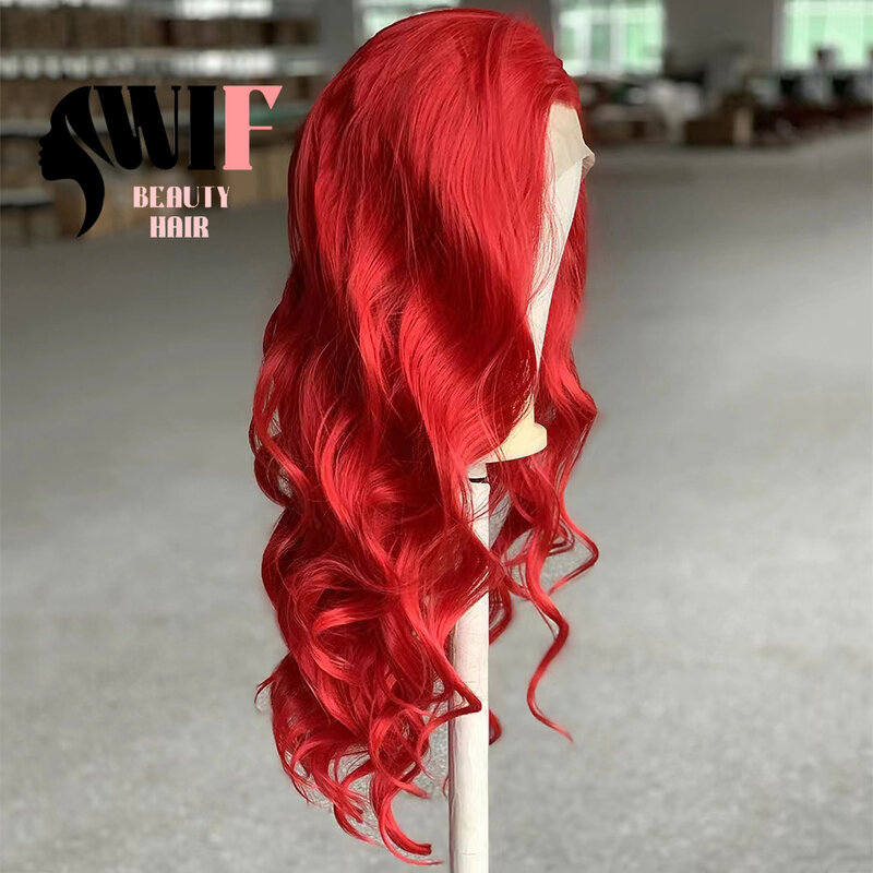 Wif heißen roten Körper gewellte synthetische Spitze Perücke lange gewellte Cosplay verwenden leuchtend rote Haare Wärme faser Spitze Front Perücken Make-up verwenden Haare
