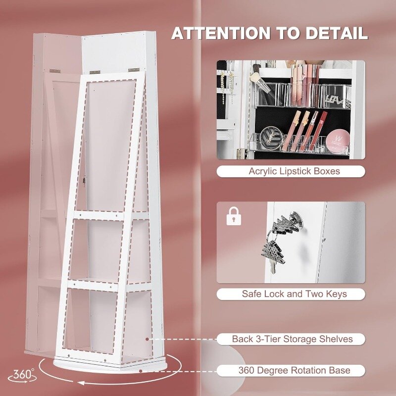 360° Swivel Mirror Jewelry Cabinet with Lights,with 61 Inches Full Length Mirror, Inside Lighted Makeup Mirror