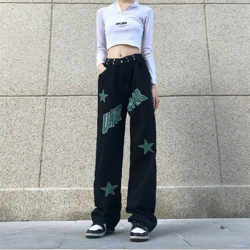 I nuovi jeans americani di MARM da donna y2k star letter vita alta mostrano pantaloni casual a gamba larga con gamba dritta e sottile