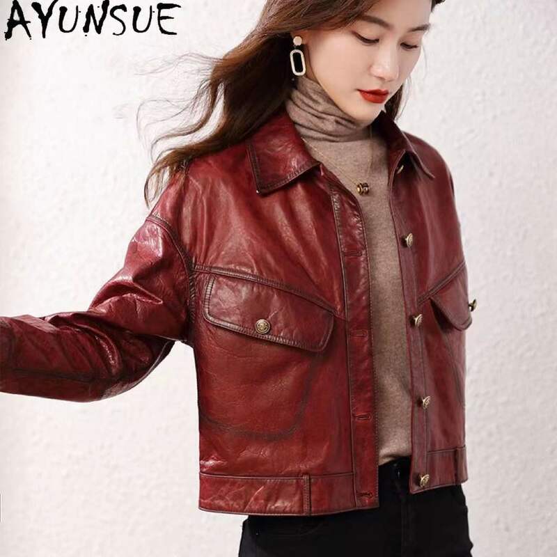 Куртка AYUNSUE из натуральной кожи для женщин, новинка 2023, модное короткое пальто из натуральной вощеной овечьей кожи, винтажная одежда, куртка