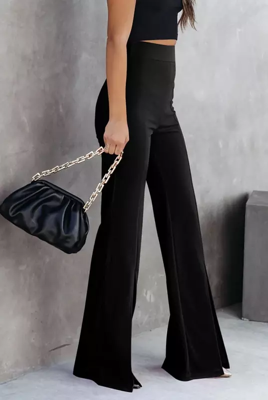 Женские широкие брюки с разрезом, однотонные облегающие брюки с высокой талией, яркие повседневные длинные брюки с широкими штанинами, NASY0001, 2024