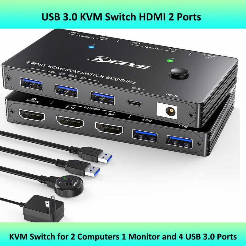 Commutateur KVM USB 3.0, HDMI 8K @ 60Hz, avec 3 commutateurs USB 3.0, pour 2 types de partage, 1 moniteur, clavier et souris