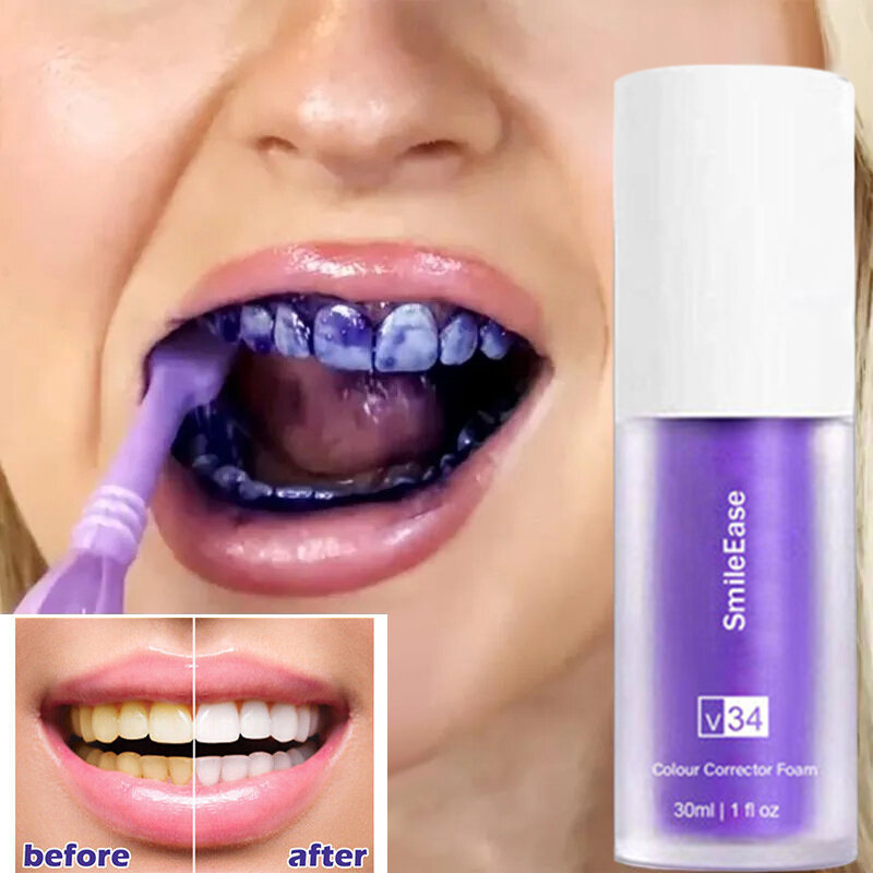 Отбеливающая фиолетовая зубная паста V34 для свежего дыхания, удаляет пятна, уменьшает пожелтение, уход за зубными деснами, полости рта, 30 мл, Лидер продаж