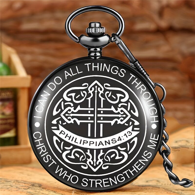 Black Bible Pattern Quartz Movement Pendant Chain Pocket Watch I Can Do All Things Through Christ Who Strengthens Me Timepiece