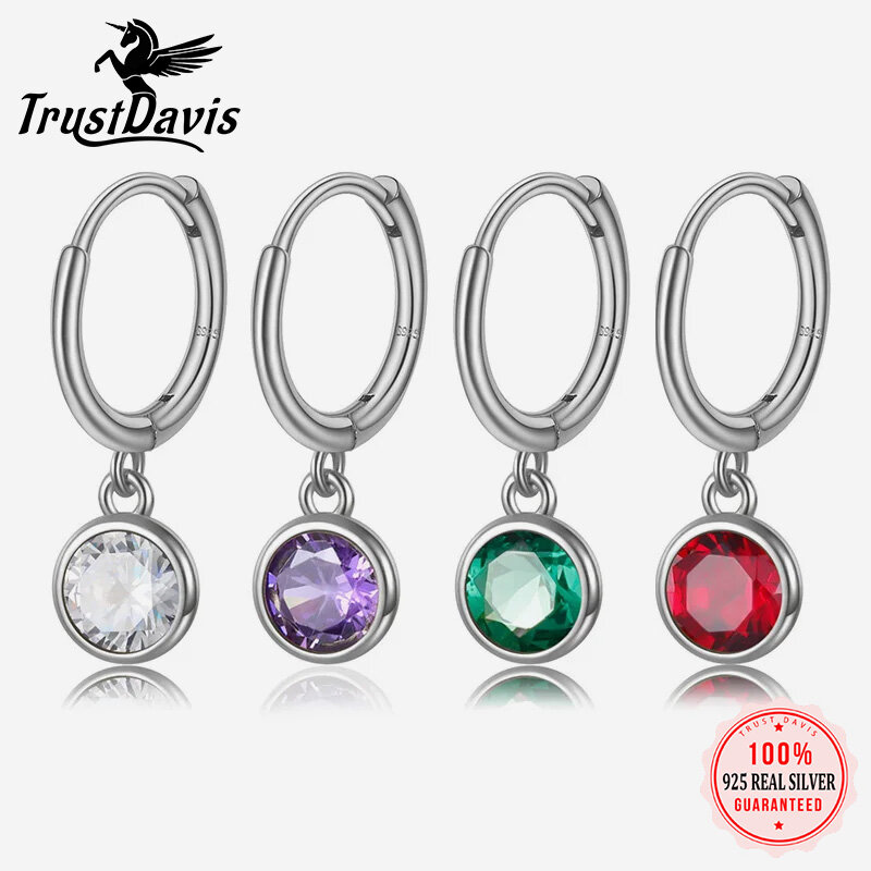 TrustDavis Real 925 Sterling Silver Colorful Round CZ Hoop Earrings for Fashion Women Girls Office Lady Fine 925 Jewelry LB600