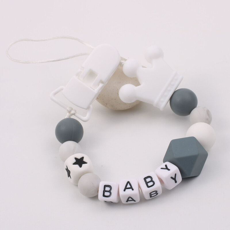 Chupete hecho a mano con nombre personalizado para bebé, Clip de silicona, corona de estrellas, soporte de cadena para recién nacido, mordedor seguro