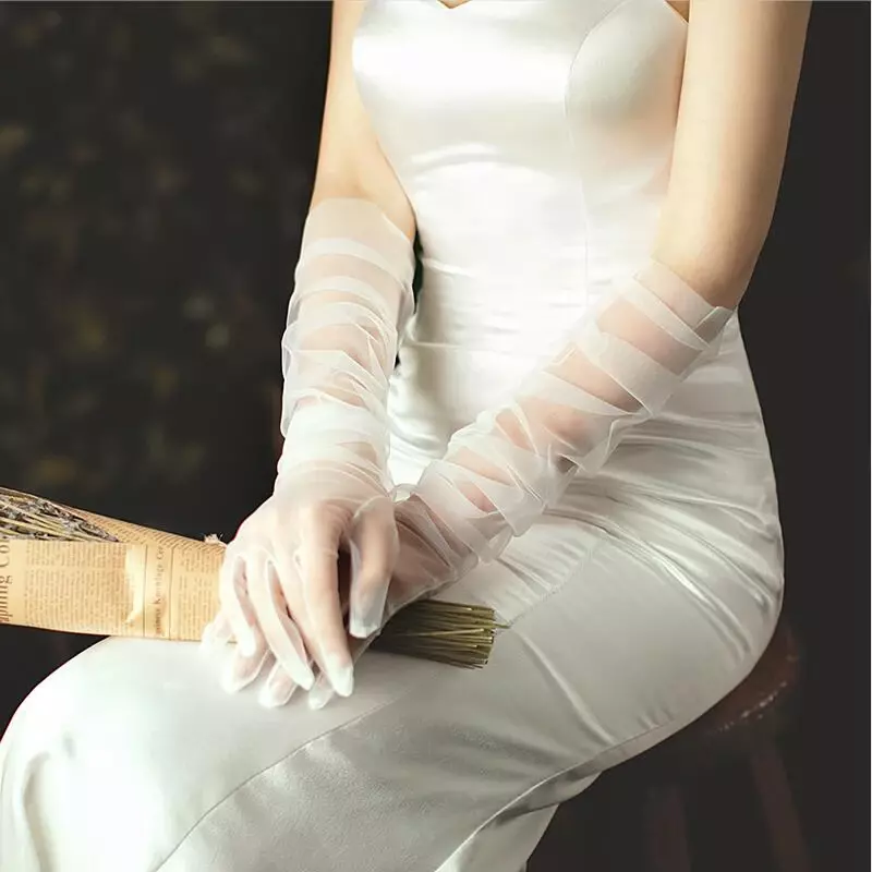 Guantes de malla transparente para mujer, manoplas largas de codo fino, Sexy, accesorio de boda, Anti-UV, para ciclismo y conducción, 55cm, novedad