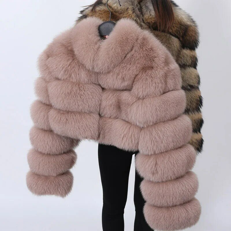 Maomaokong Jaket Bulu Rubah Alami Musim Dingin Wanita Mode Super Panas Jaket Bulu Ritsleting Wanita Jaket Hangat dengan Kerah Pendek