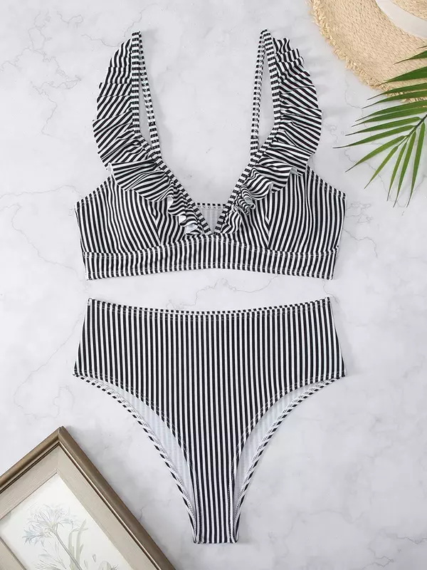 Maillot de bain deux pièces à rayures sexy pour femmes, bikini à volants, taille haute, ensemble deux pièces, push up, monokini, vêtements de plage, 2024