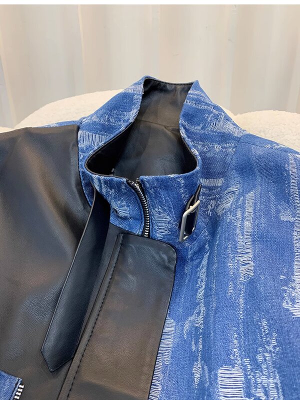 Brand New Designer Korean Style Women High Quality Stand Collar Genuine Leather Patchwork Denim Jackets Short Coat A834