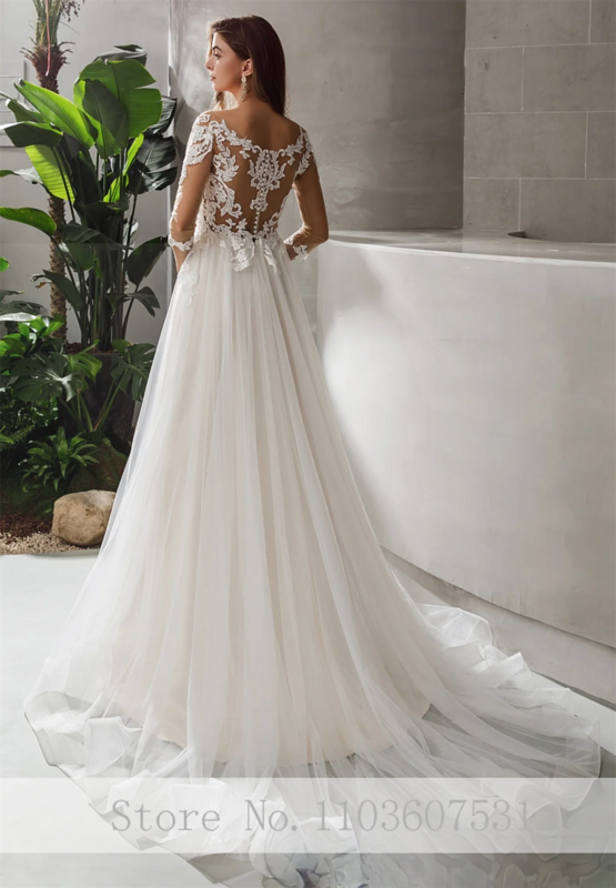 Elegant V-neck Appliques Lace Tulle Wedding Dress for Women A-line Court Half Illusion Sleeve Wedding Bridal Gown robe de mariée