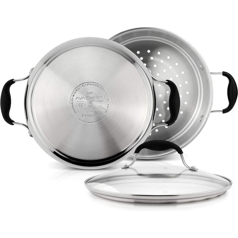 AVACRAFT 18/10, 3 Piece StainlessSteamer for Cooking, Steamer Pan Set with Glass Lid, Momo Maker, Induction Steamer Pot