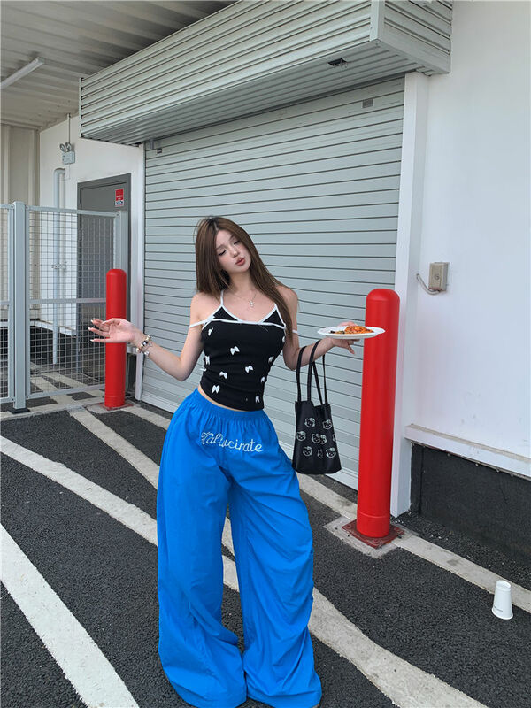 Two-Piece Suit Summer Hipster Cargo Solid Color Elastic High Waist Wide Leg Pants Street Women Trousers Fake Two-Piece Sling