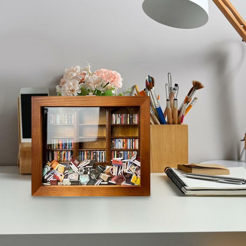 Dollhouse Bookshelf Wooden Miniature Bookshelf Display Case Cabinet Shaking Stress Reliever Library Birthday Book Lover Gift
