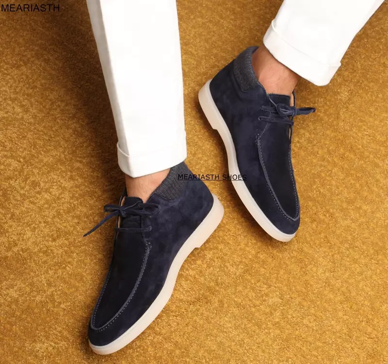 2023 Autumn Man boots Kid Real Suede leather High Top Loafers Casual Flat Shoes Lace Up Round Toe Lace-up Lazy Shoes female