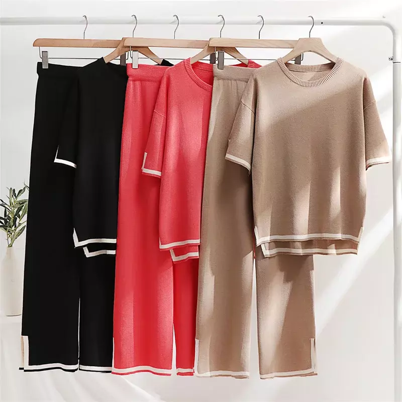 2024 New Women's Round Neck Color Short-sleeved Two-piece Set Simple Loose Short-sleeved Sweater Top High Waist Wide Back Pants