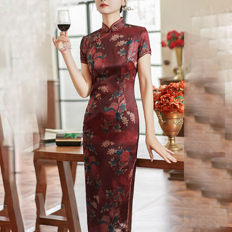 Abito da spettacolo Vintage nero, abito Qipao tradizionale cinese da donna, Cheongsam in raso di seta sintetica, Design elegante