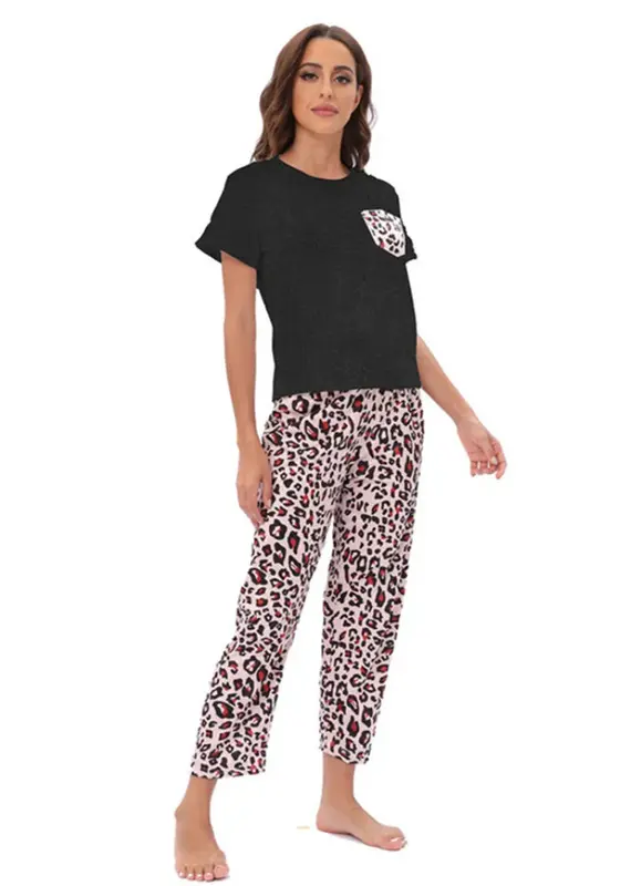 Conjunto de pijama com estampa leopardo feminino, roupa de dormir, calça de manga curta, bolso, primavera, verão, 2 peças