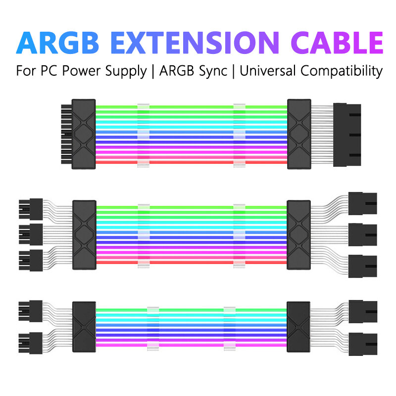 Jumpeak komputer 18AWG ARGB Sync PSU suplai daya Kit kabel ekstensi ATX 24PIN VGA GPU PCI-E 8PIN 6Pin RGB PC kabel modul