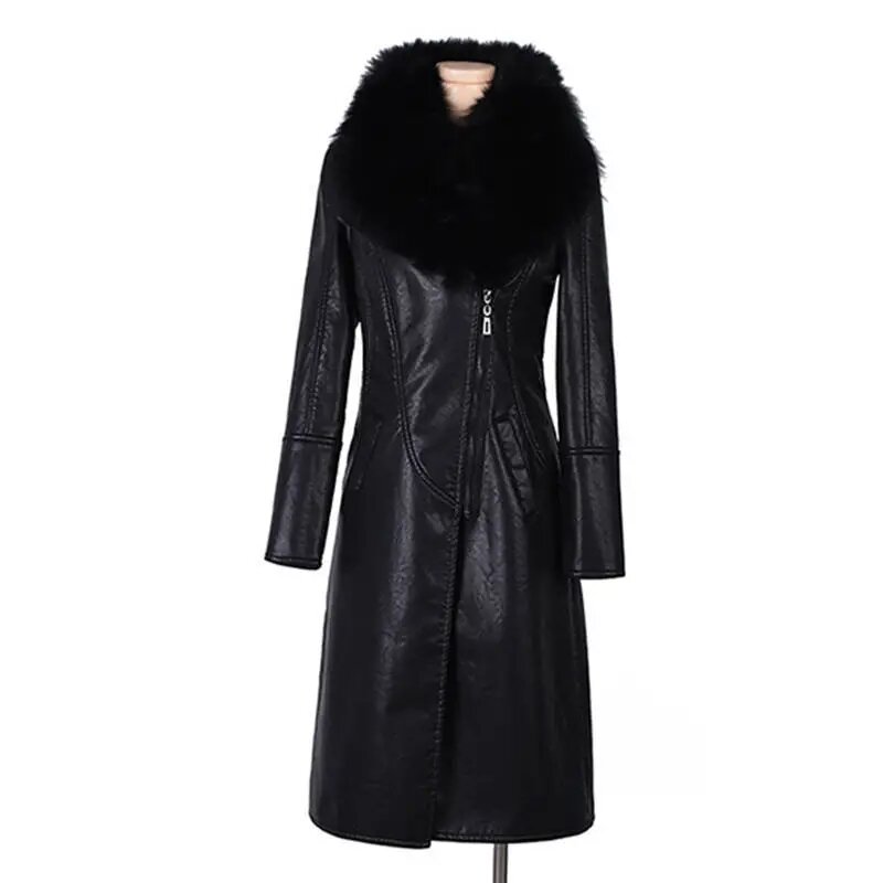 2023 New Winter Women giacca in pelle collo di pelliccia grande nuovo velluto foderato in peluche cintura calda sottile cappotto lungo in pelle capispalla femminile M-4XL
