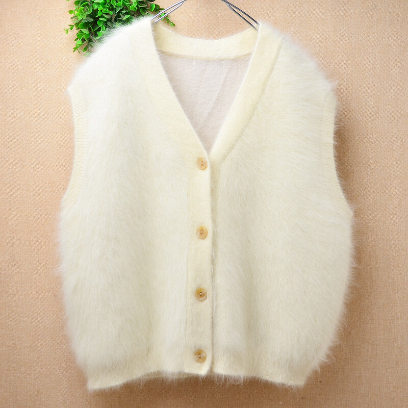 여성용 베이지 털 플러시 밍크 캐시미어 니트 민소매 두꺼운 따뜻한 V넥 재킷, 조끼 스웨터 코트, 가을 겨울 의류