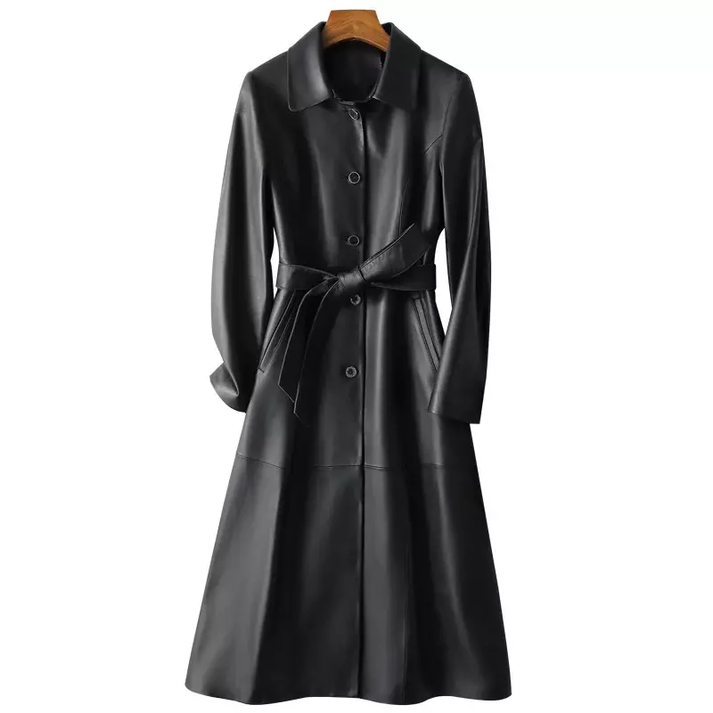 Tcyeek primavera jaqueta de couro genuíno com cinto casaco de pele carneiro roupas femininas silm jaquetas longas preto trenchcoat casacos femininos