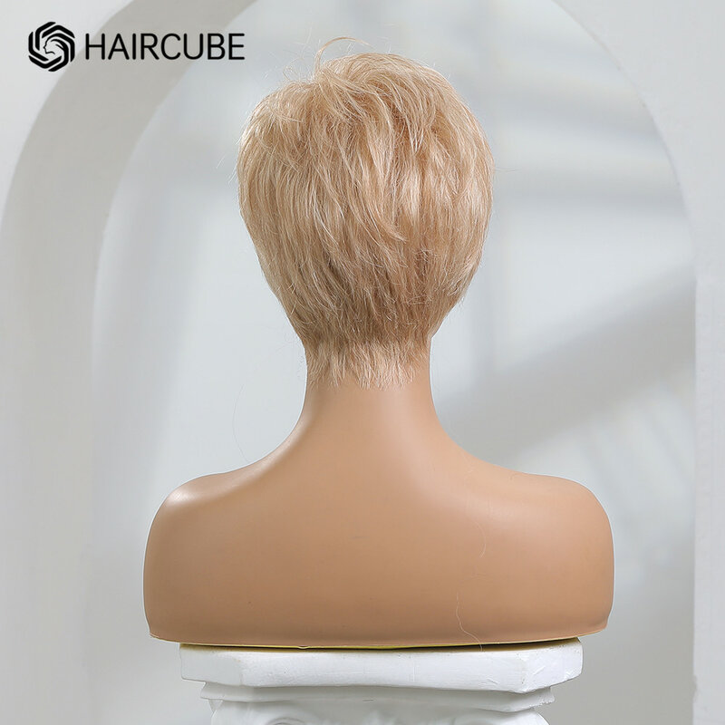 HAIRCUBE-Peluca de cabello humano ondulado para mujer, pelo corto color rubio champán con corte Pixie, mezcla de capas, flequillo esponjoso lateral Natural, uso diario